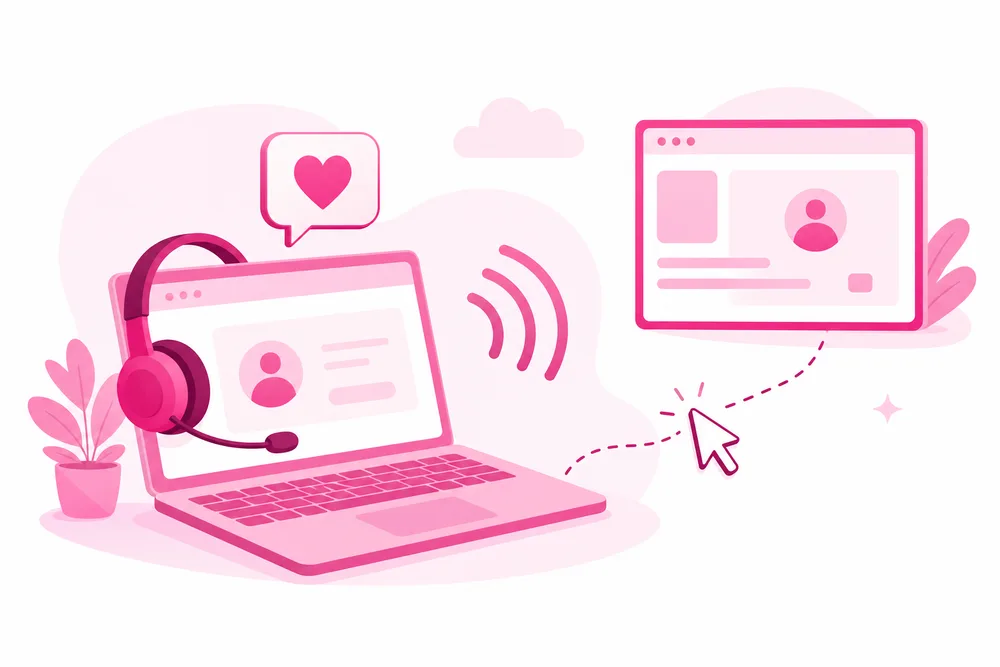 Illustration of a laptop with a headset connecting to a remote computer