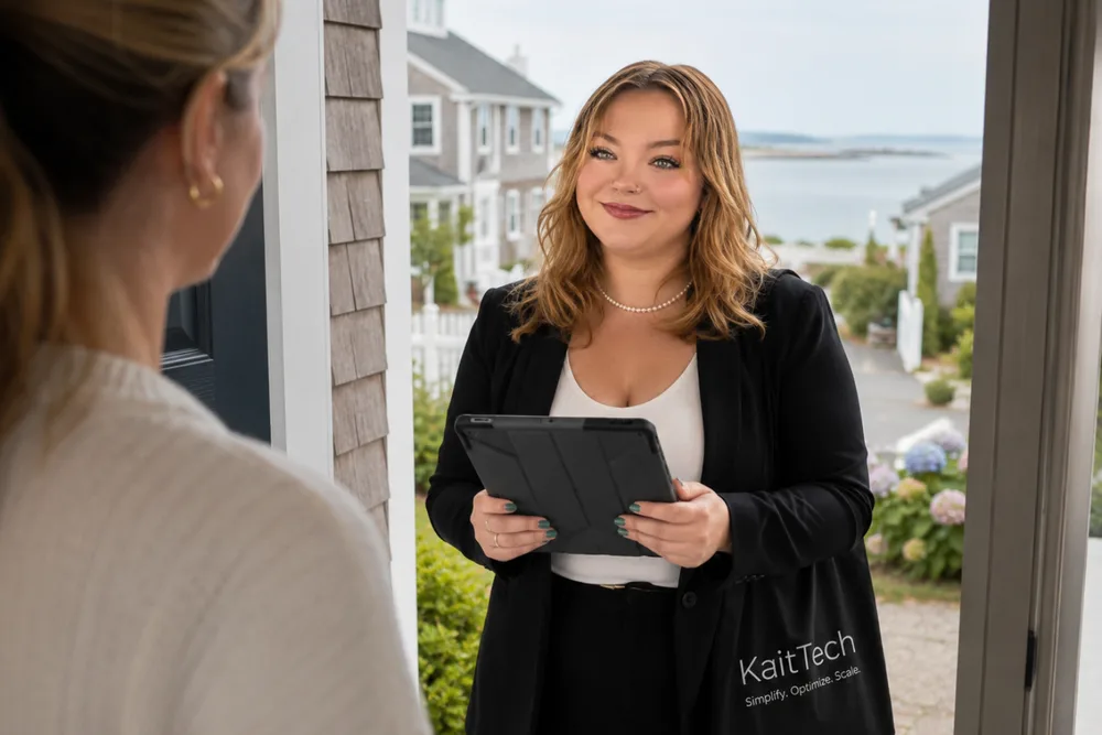 Kaitlin Guy arriving for an on-site visit at a coastal Maine home