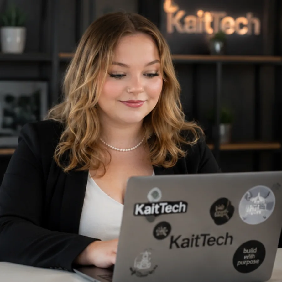 Kaitlin Guy working at her sticker-covered KaitTech laptop