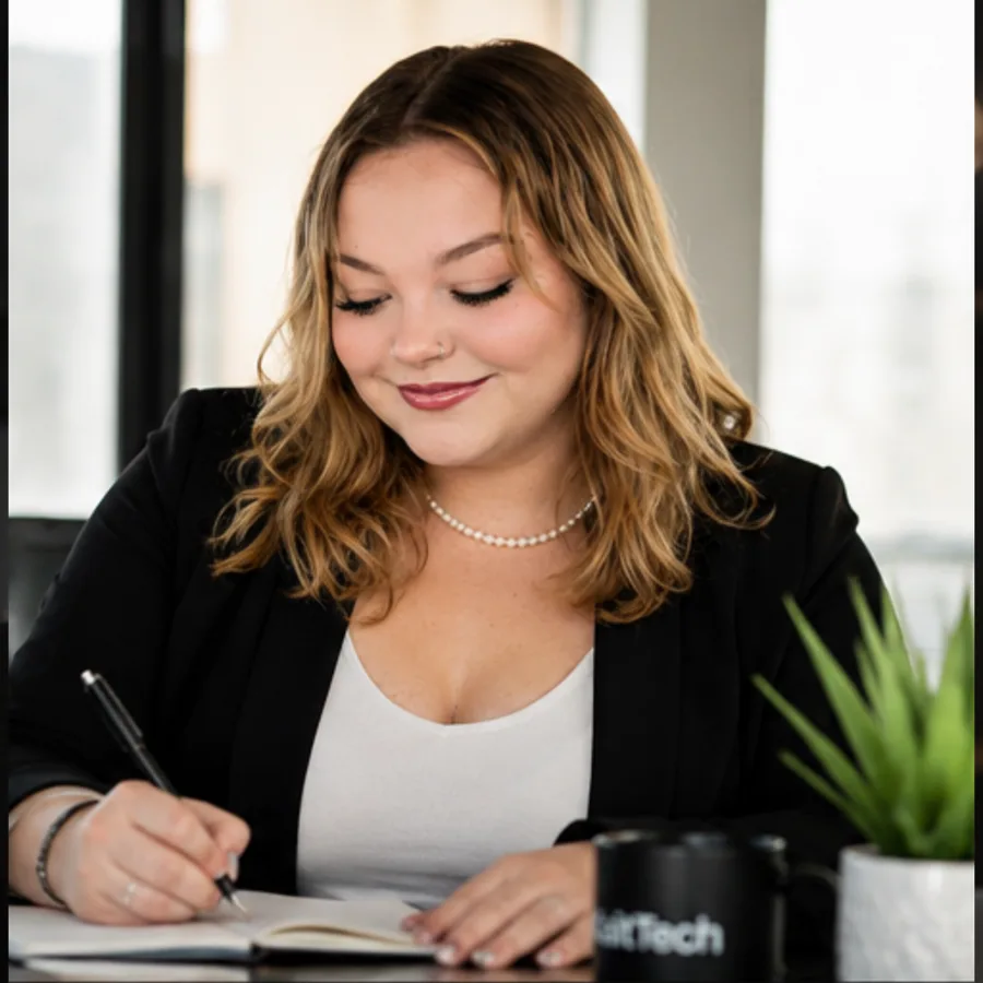 Kaitlin Guy writing notes for a client at her desk